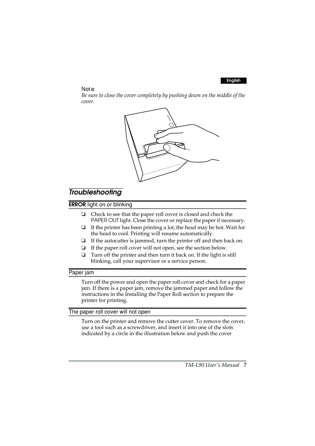 Epson TM-L90 user manual Troubleshooting, Error light on or blinking 