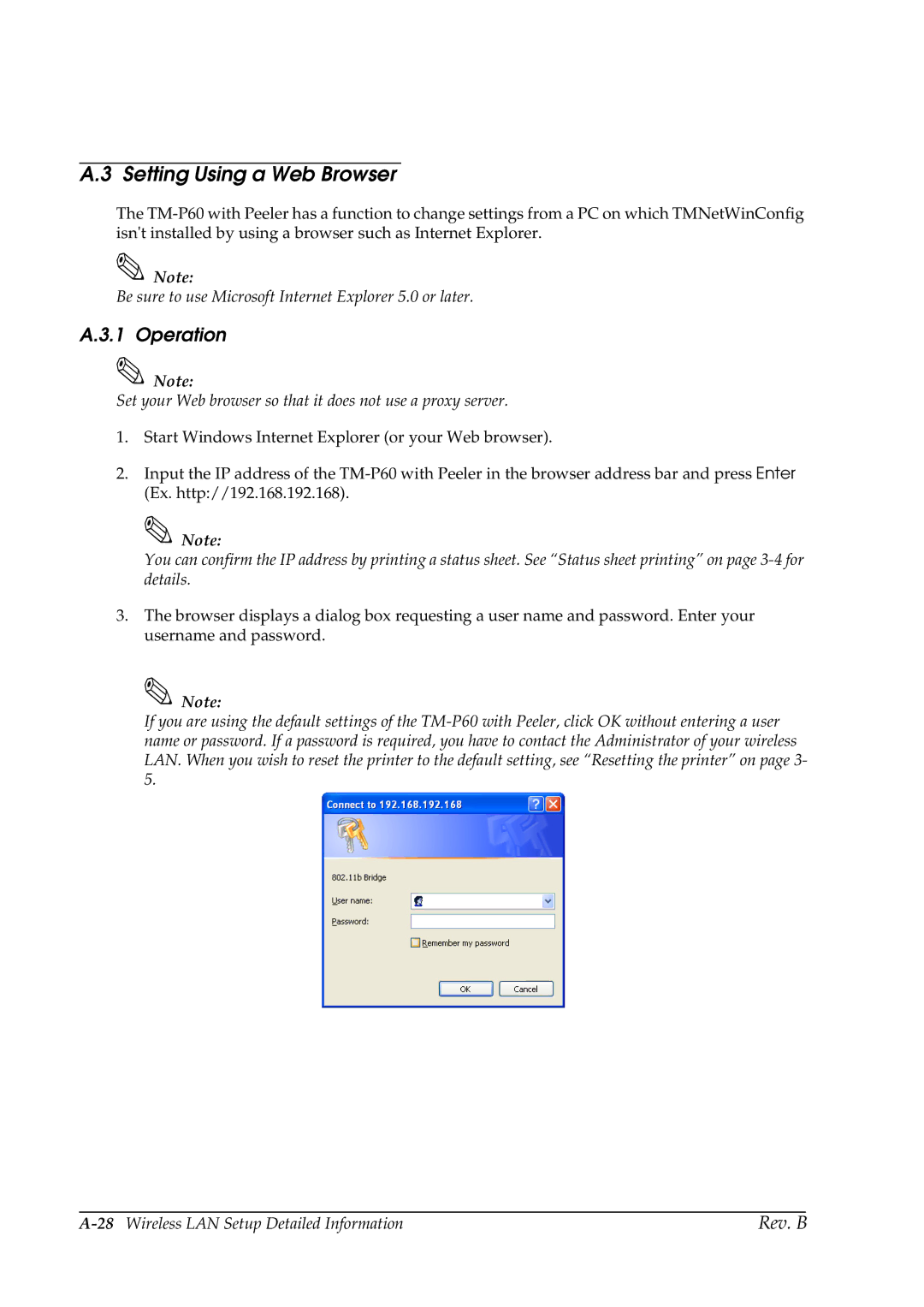 Epson TM-P60 manual Setting Using a Web Browser, Operation, Be sure to use Microsoft Internet Explorer 5.0 or later 