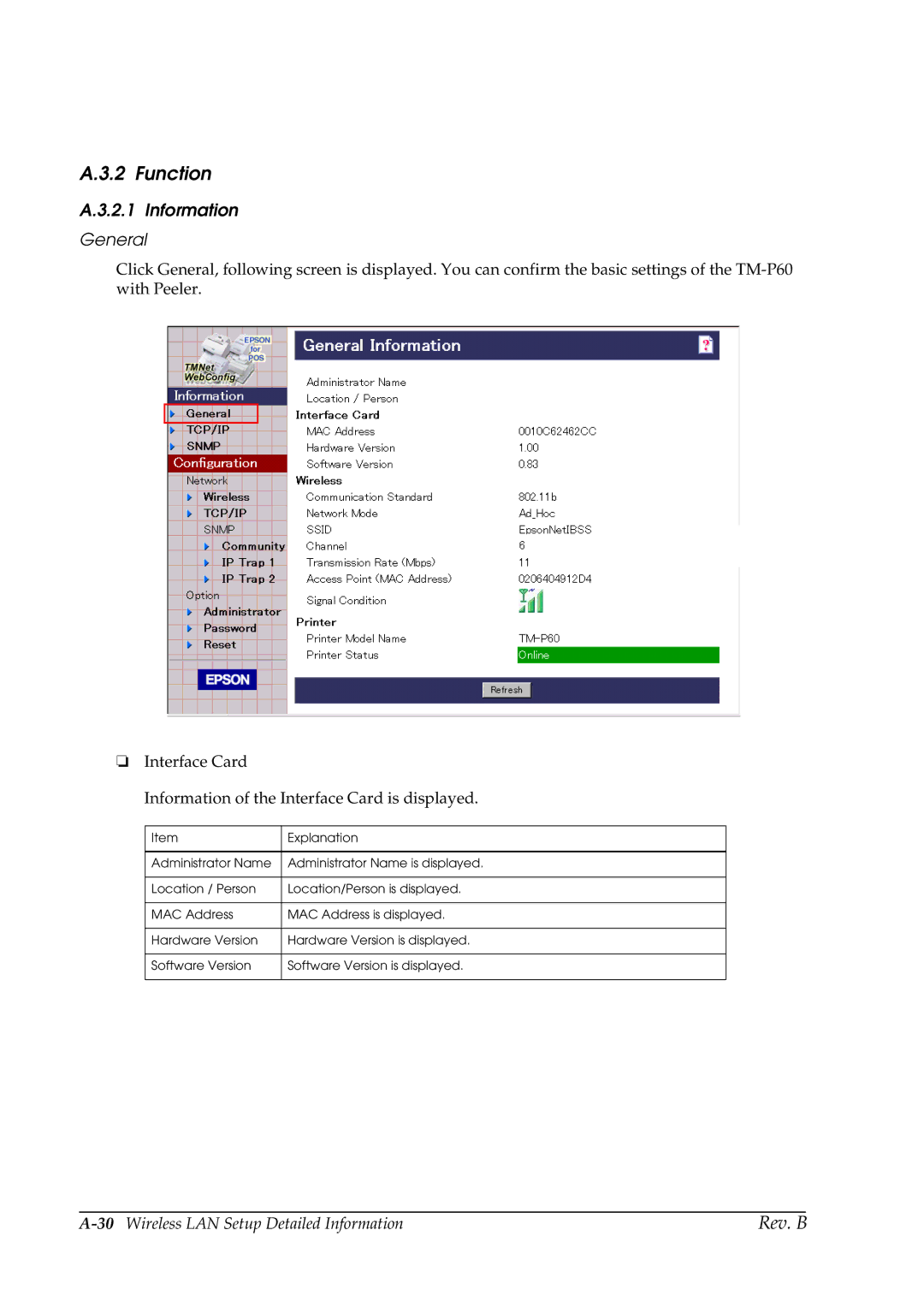 Epson TM-P60 manual Function, Information General 