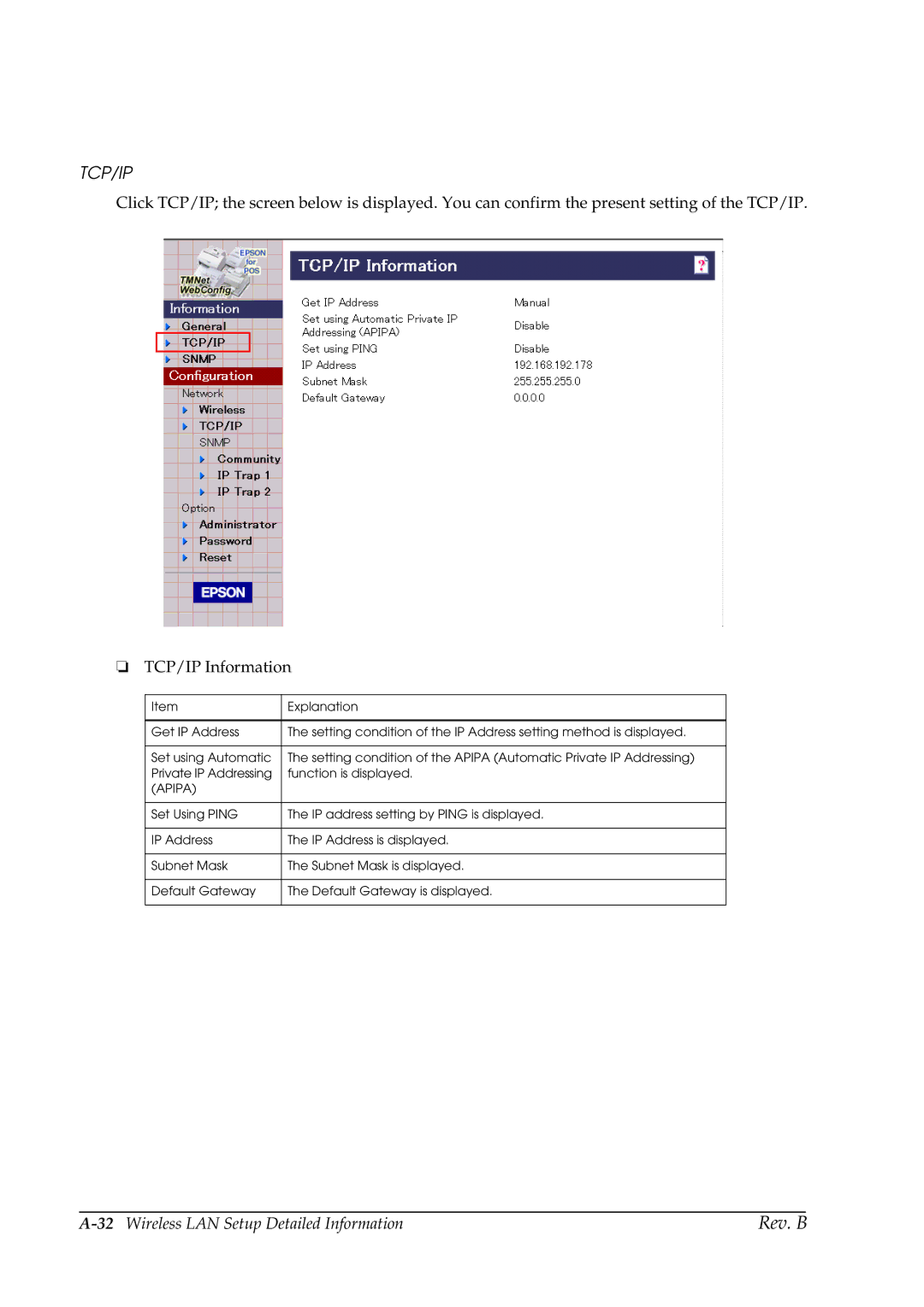 Epson TM-P60 manual 32Wireless LAN Setup Detailed Information 