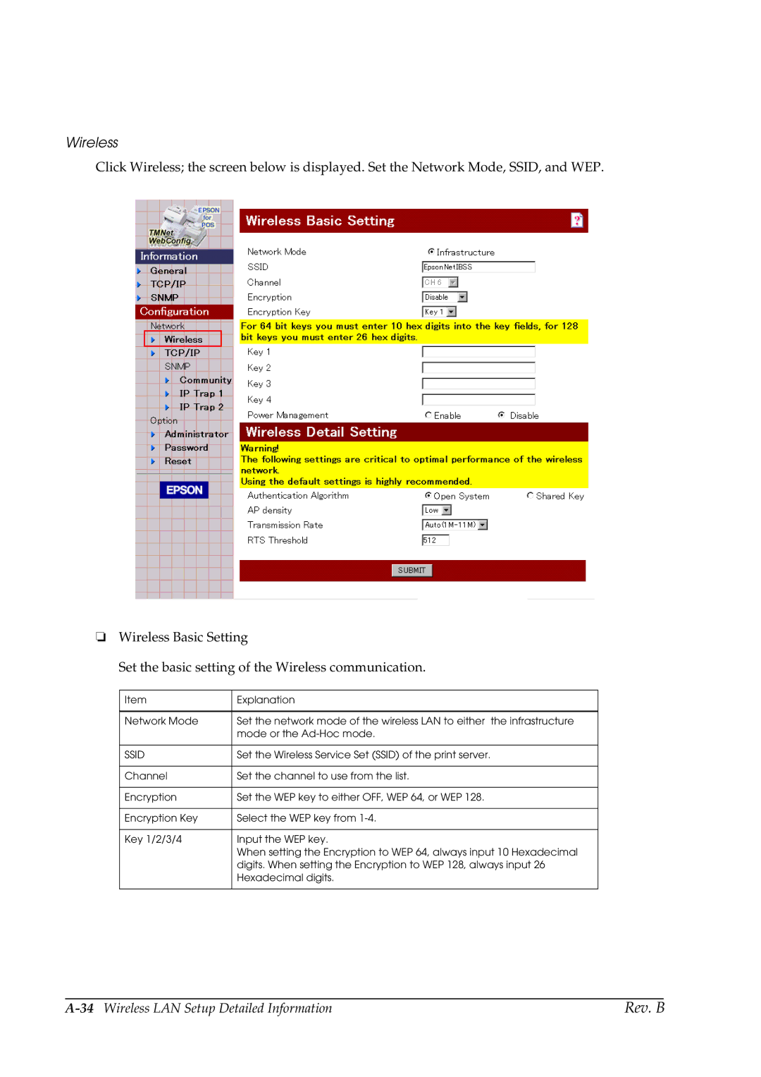 Epson TM-P60 manual 34Wireless LAN Setup Detailed Information 