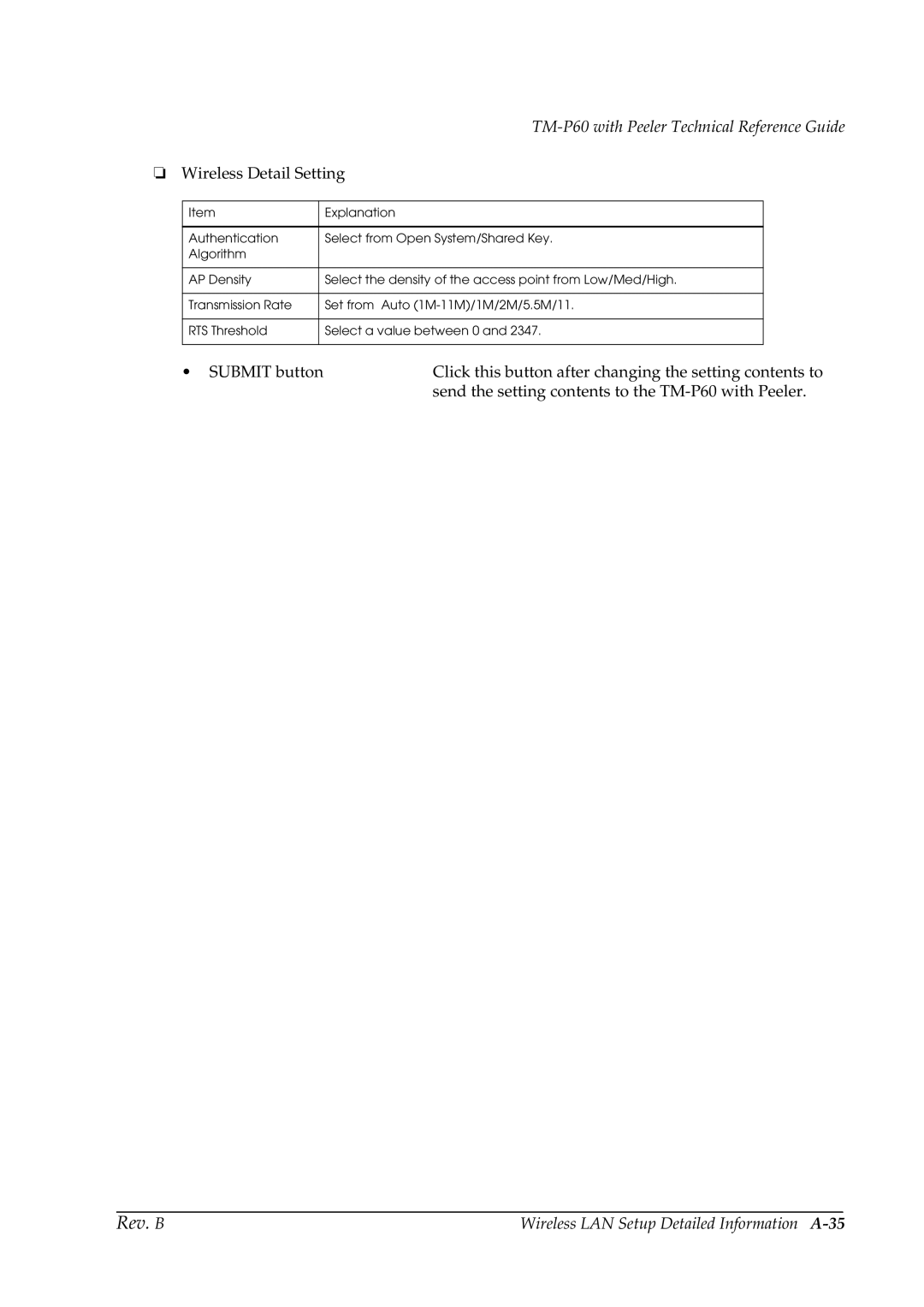 Epson TM-P60 manual Wireless Detail Setting, Wireless LAN Setup Detailed Information A-35 