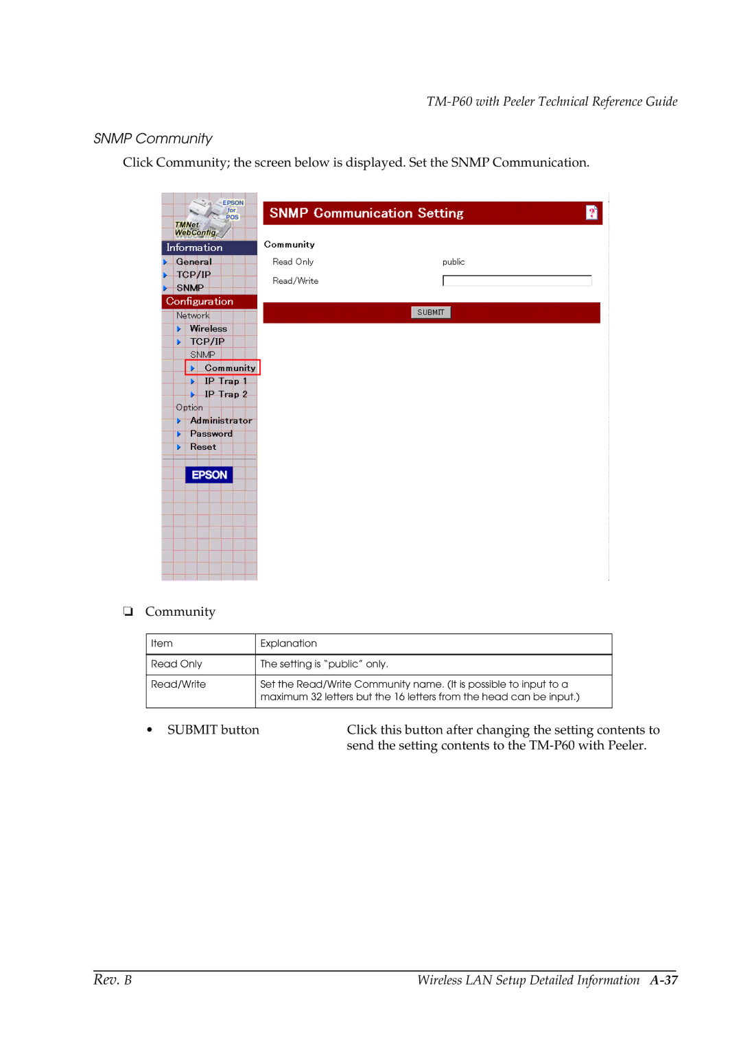 Epson TM-P60 manual Snmp Community, Wireless LAN Setup Detailed Information A-37 