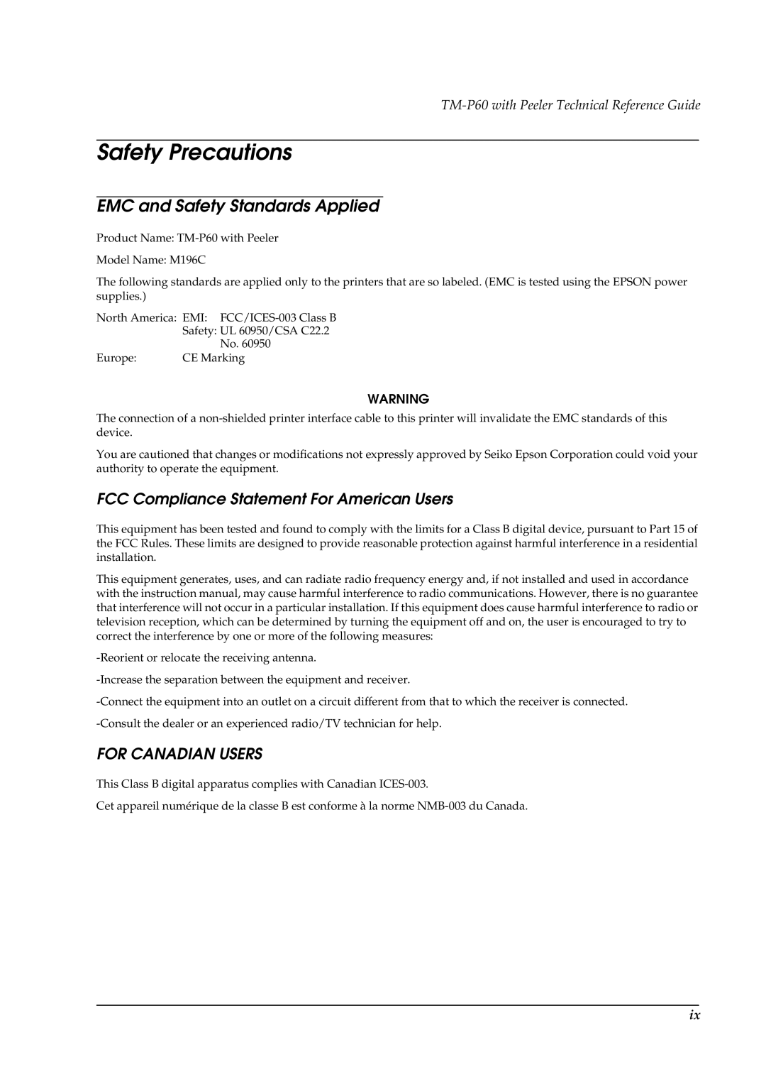 Epson TM-P60 manual EMC and Safety Standards Applied, FCC Compliance Statement For American Users 