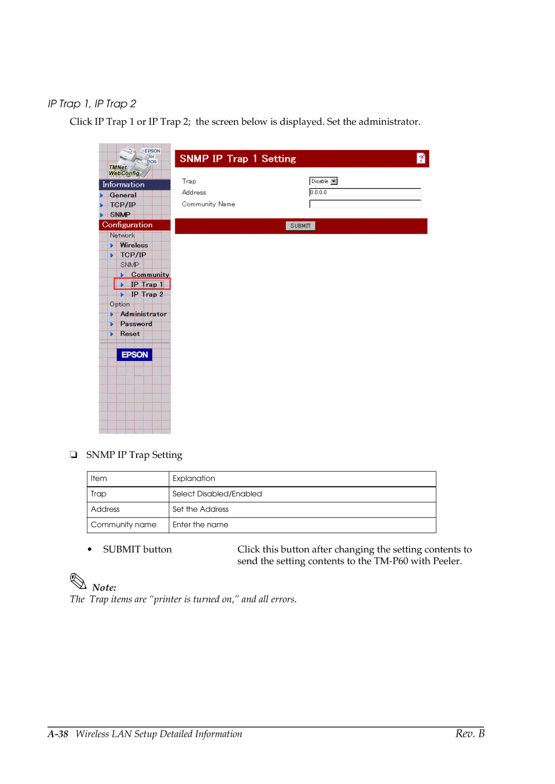 Epson TM-P60 manual IP Trap 1, IP Trap, Trap items are printer is turned on, and all errors 