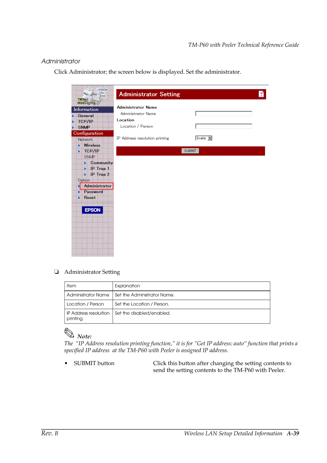 Epson TM-P60 manual Administrator, Wireless LAN Setup Detailed Information A-39 