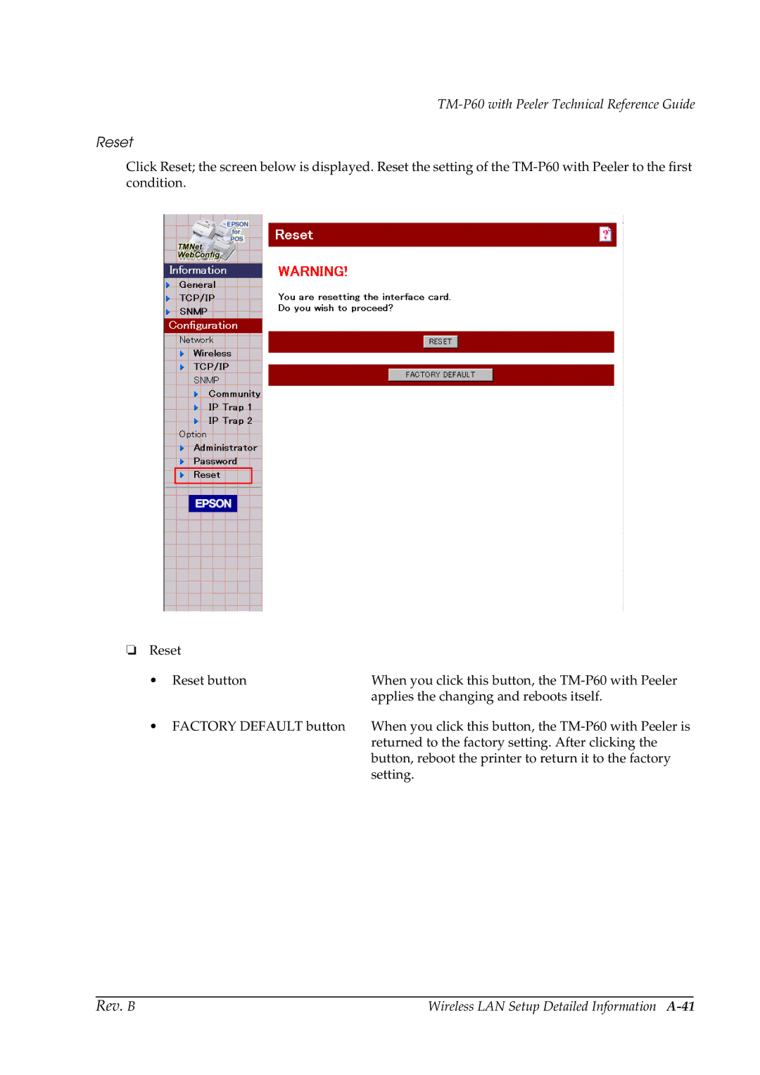 Epson TM-P60 manual Reset, Wireless LAN Setup Detailed Information A-41 