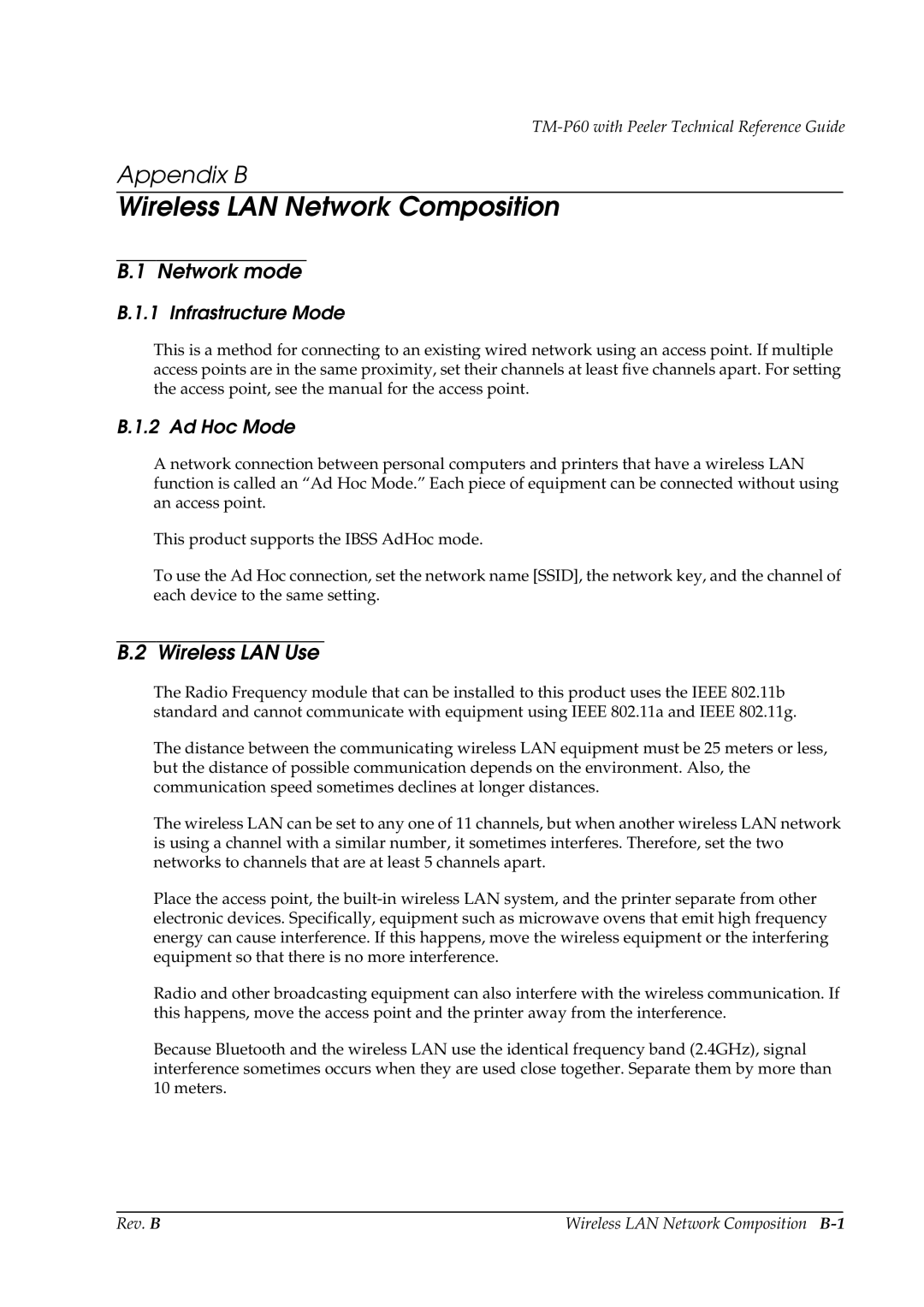 Epson TM-P60 Network mode, Wireless LAN Use, Infrastructure Mode, Ad Hoc Mode, Rev. B Wireless LAN Network Composition B-1 