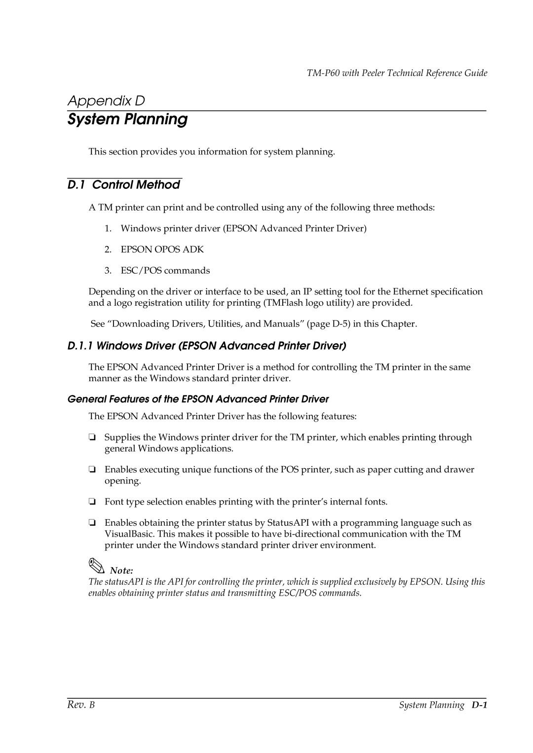 Epson TM-P60 manual Control Method, Windows Driver Epson Advanced Printer Driver, System Planning D-1 