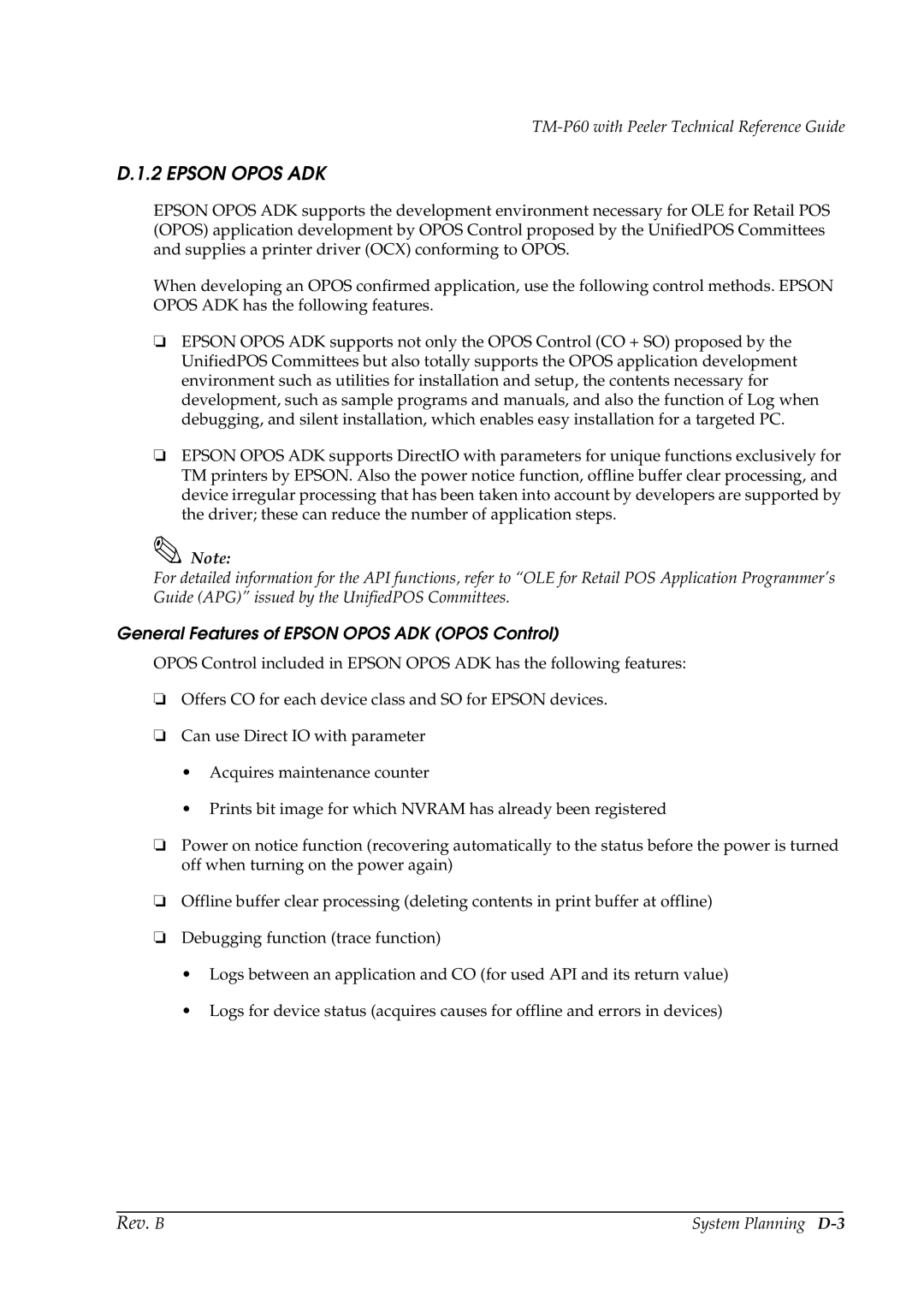 Epson TM-P60 manual General Features of Epson Opos ADK Opos Control, System Planning D-3 