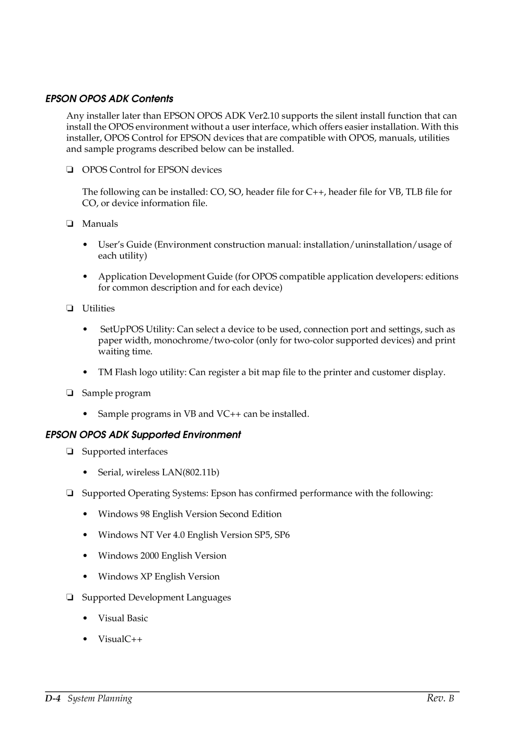 Epson TM-P60 manual Epson Opos ADK Contents, Epson Opos ADK Supported Environment 