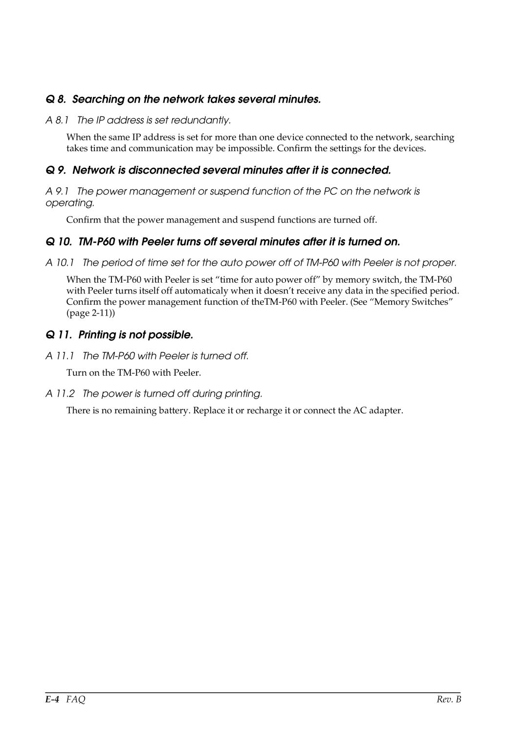 Epson TM-P60 manual Searching on the network takes several minutes, Printing is not possible, IP address is set redundantly 