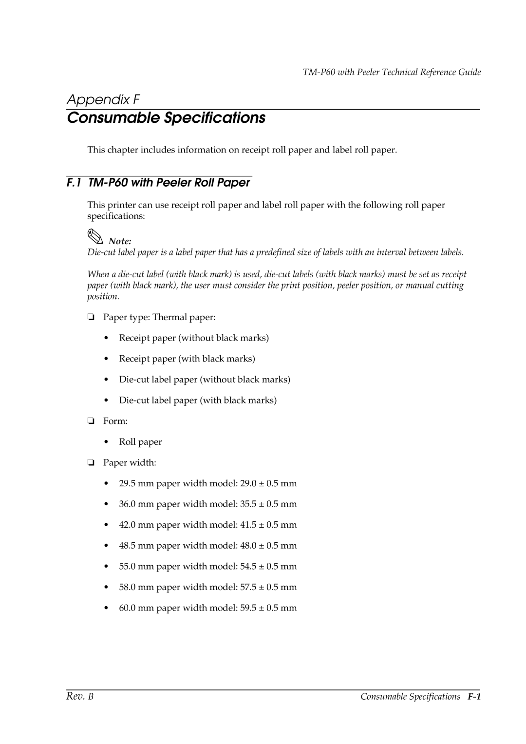 Epson manual TM-P60 with Peeler Roll Paper, Consumable Specifications F-1 