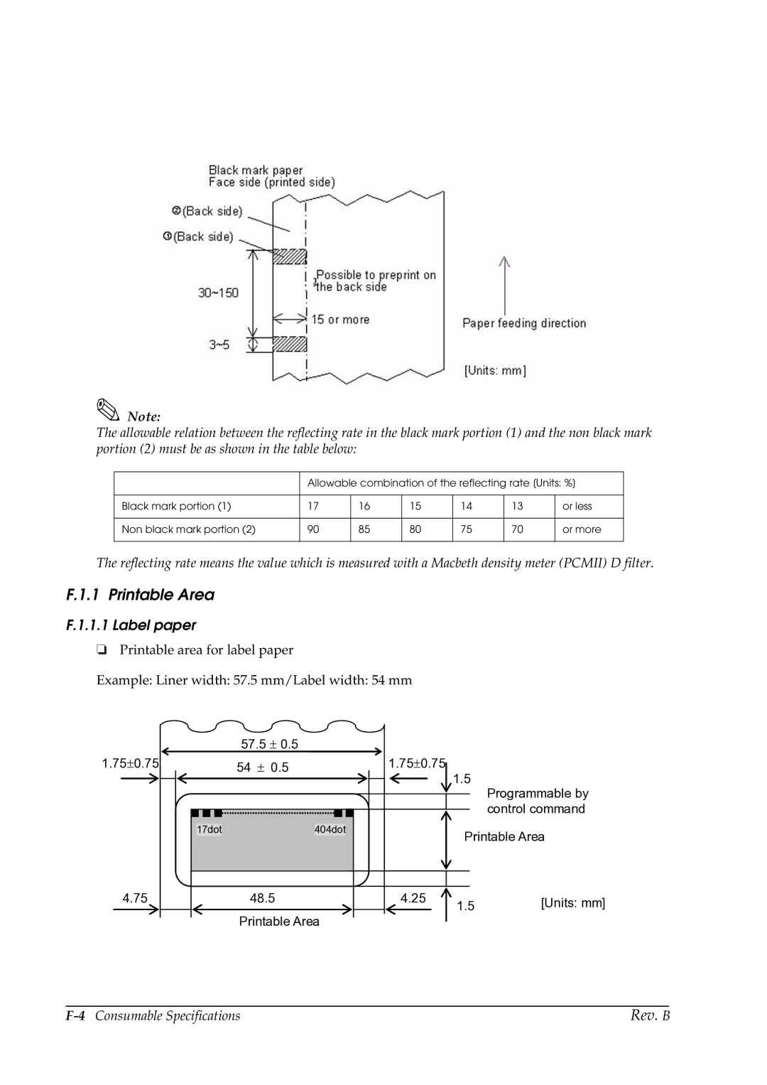 Epson TM-P60 manual Printable Area, Label paper, 4Consumable Specifications 