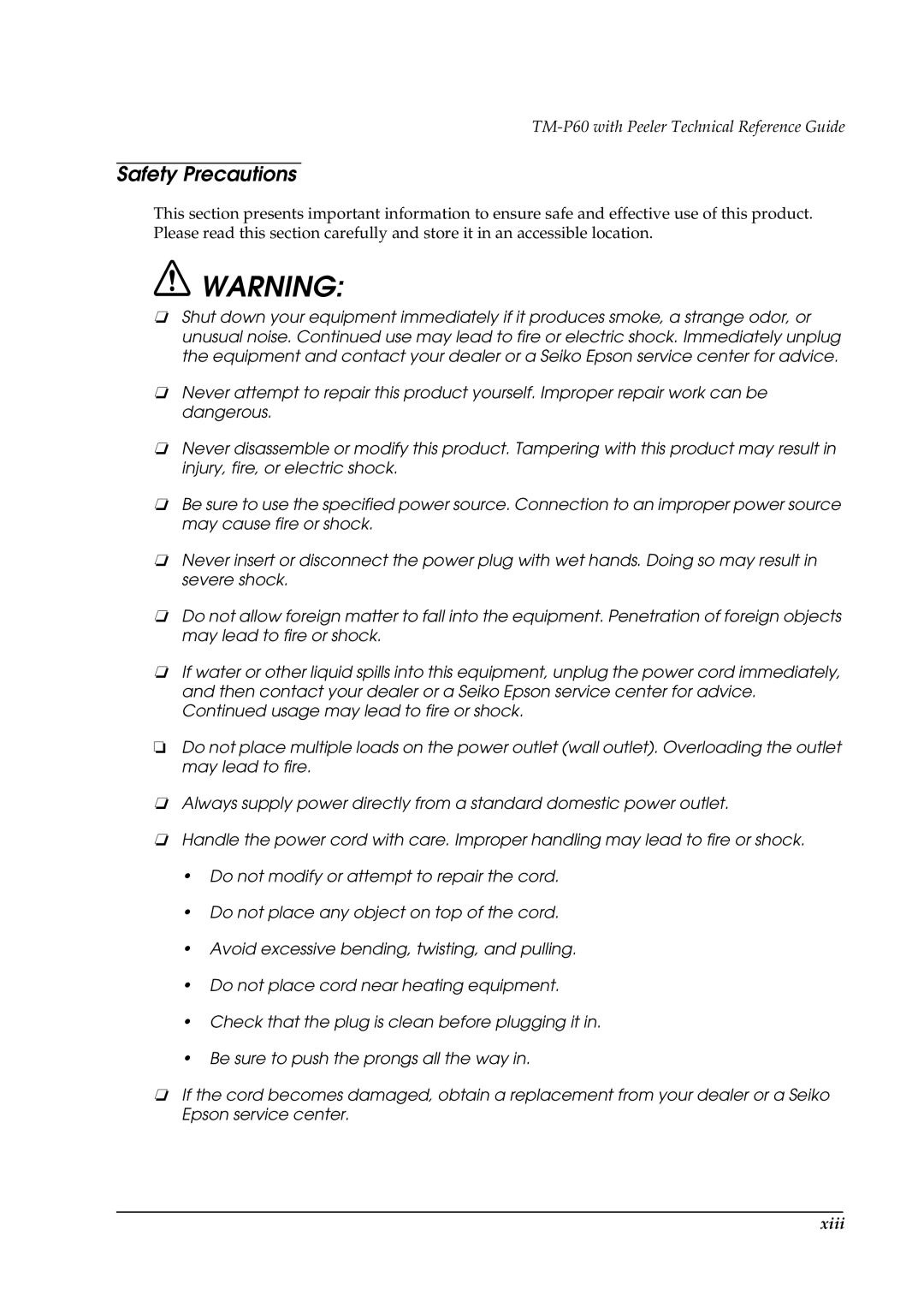 Epson TM-P60 manual Safety Precautions, Xiii 