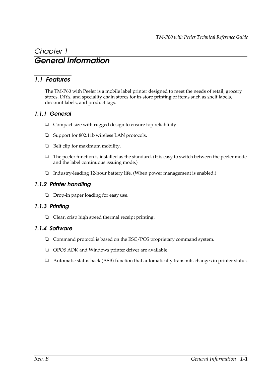 Epson TM-P60 manual Features, General, Printer handling, Printing, Software 