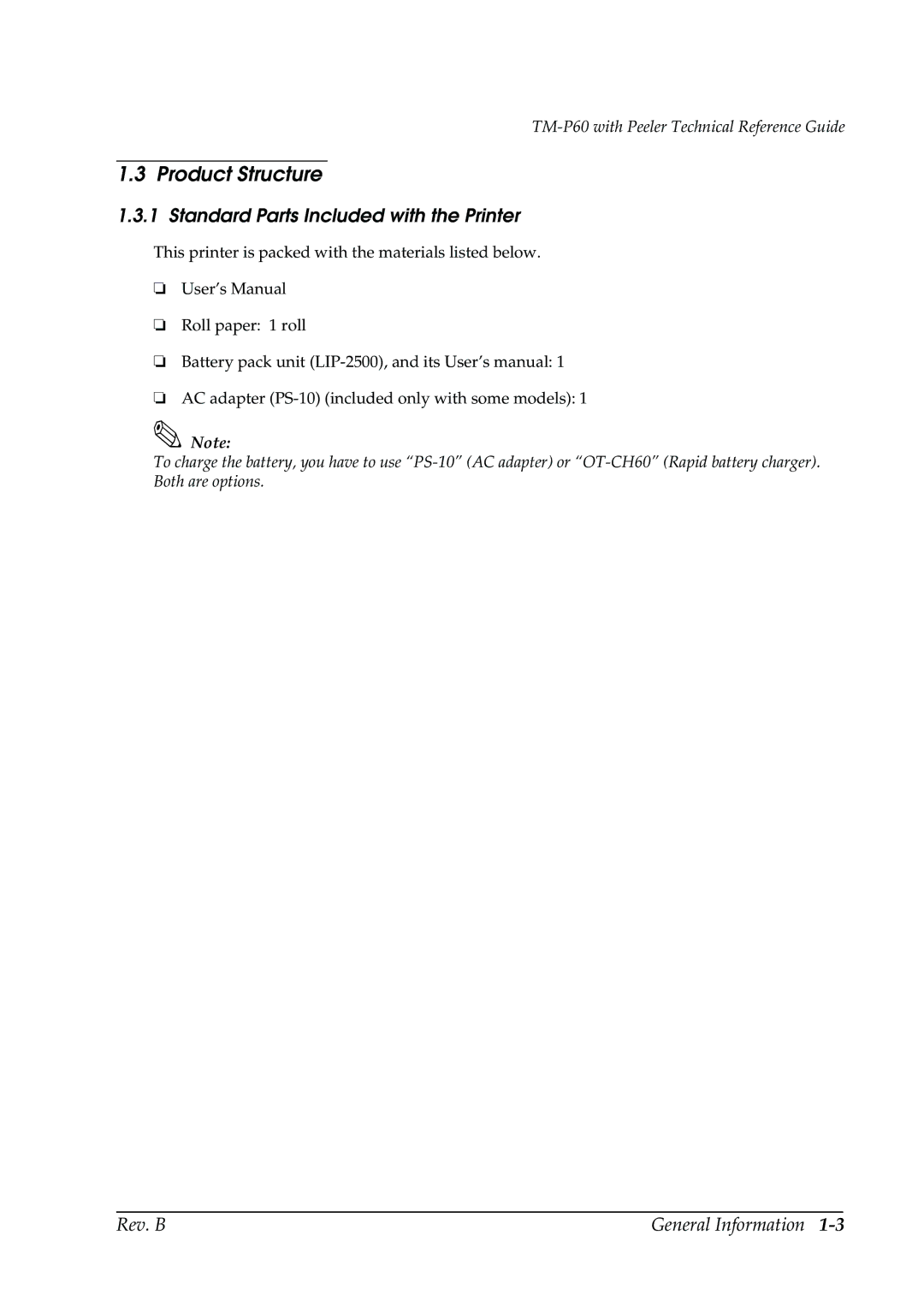 Epson TM-P60 manual Product Structure, Standard Parts Included with the Printer 