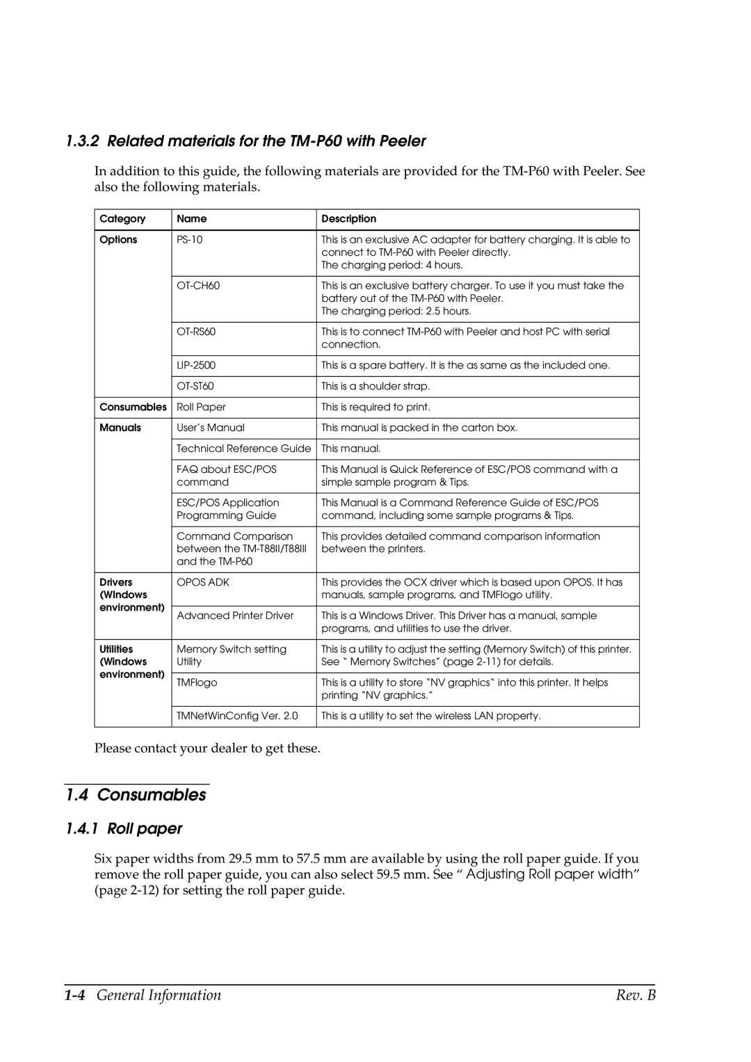 Epson manual Consumables, Related materials for the TM-P60 with Peeler, Roll paper 