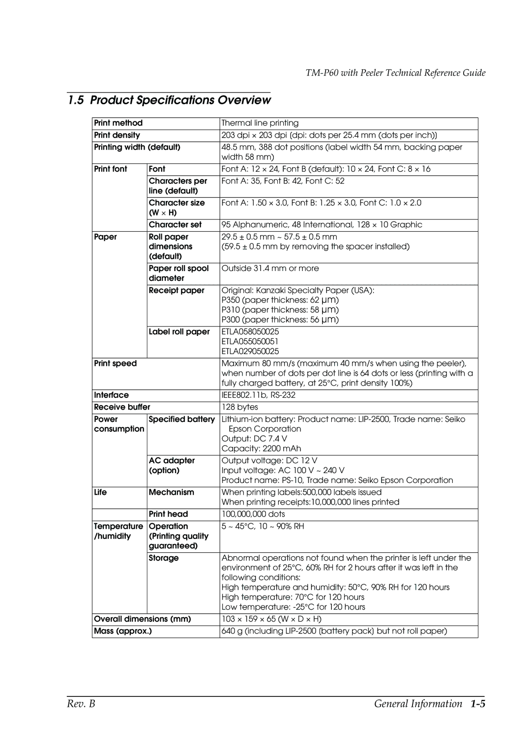 Epson TM-P60 manual Product Specifications Overview 