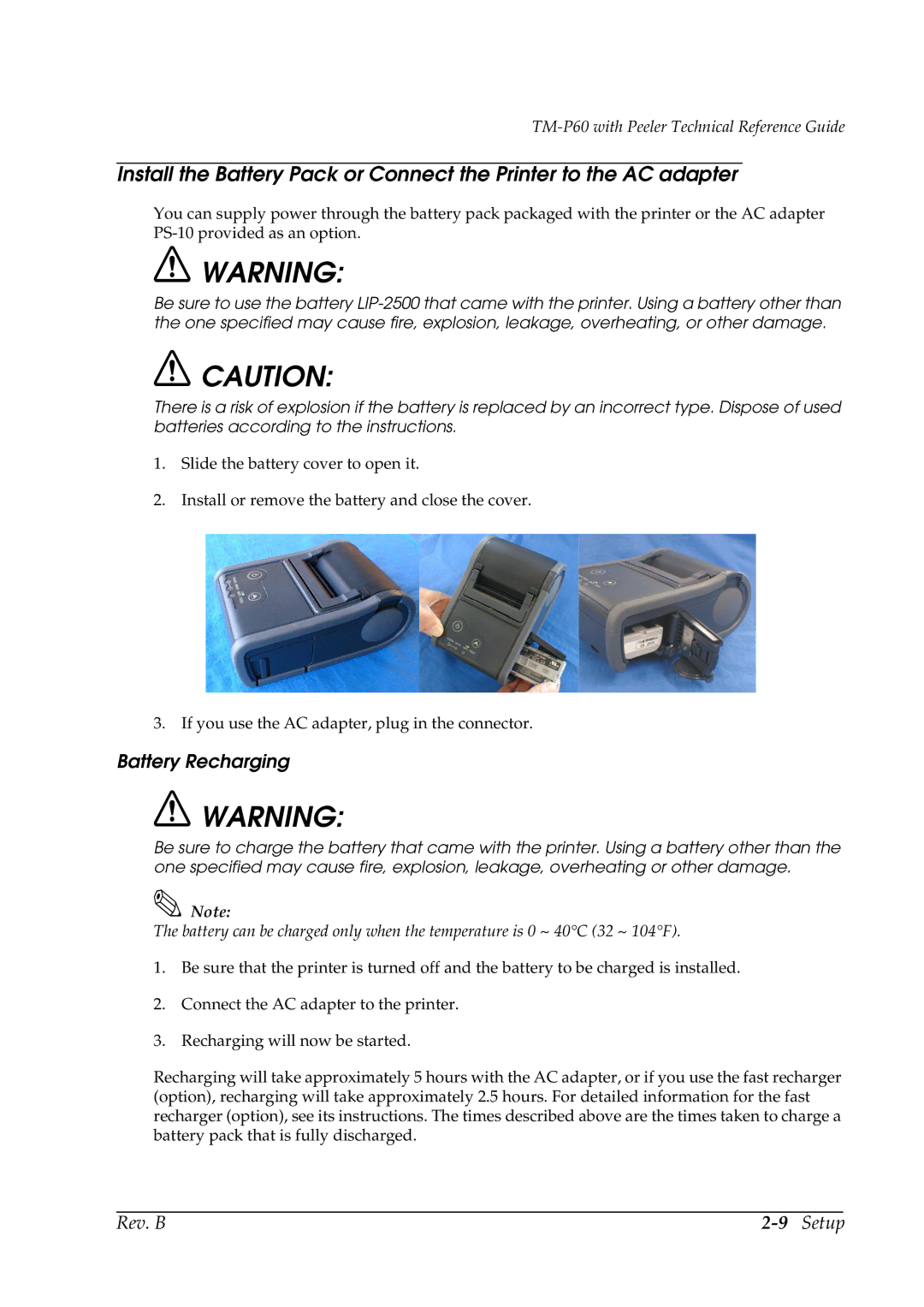 Epson TM-P60 manual Battery Recharging 