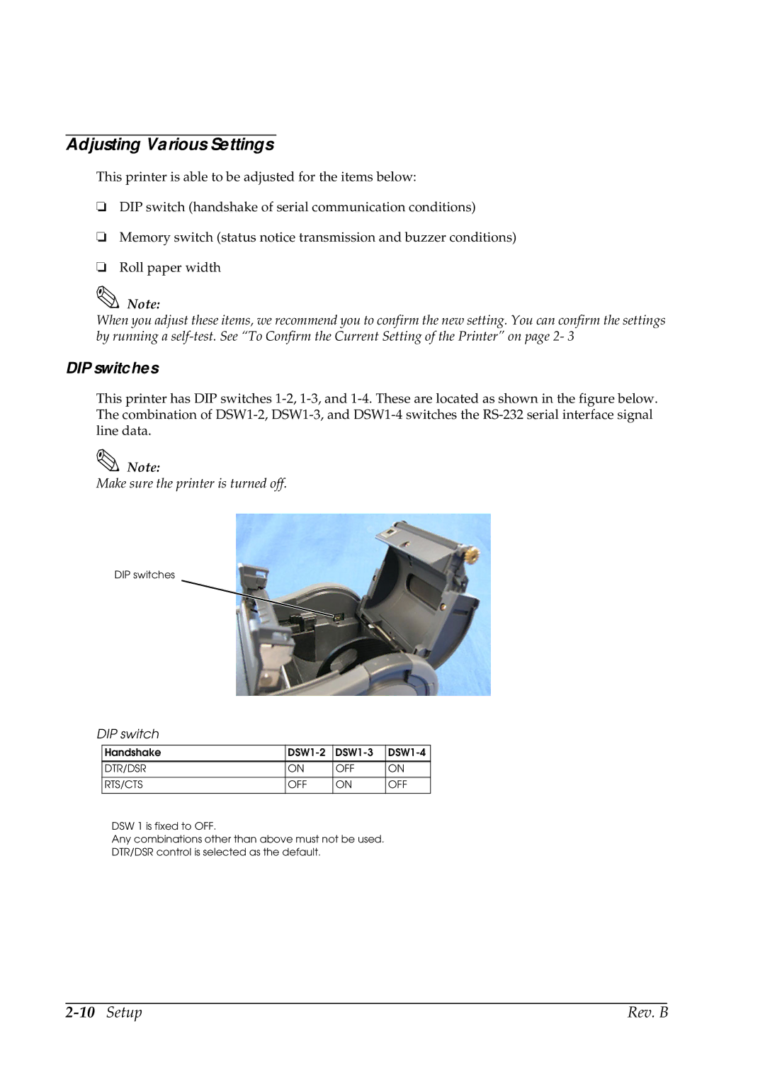 Epson TM-P60 manual Adjusting Various Settings, DIP switches, Make sure the printer is turned off 