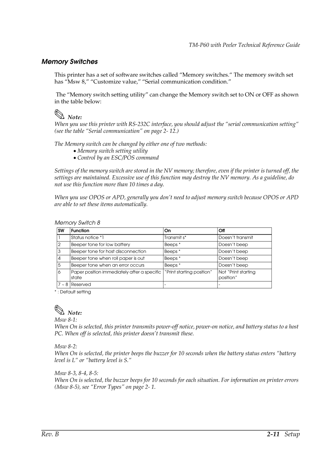 Epson TM-P60 manual Memory Switches 