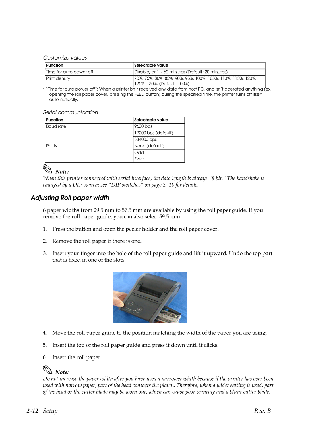 Epson TM-P60 manual Adjusting Roll paper width, Customize values 