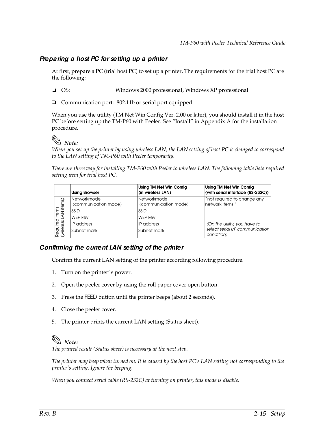 Epson TM-P60 manual Preparing a host PC for setting up a printer, Confirming the current LAN setting of the printer 