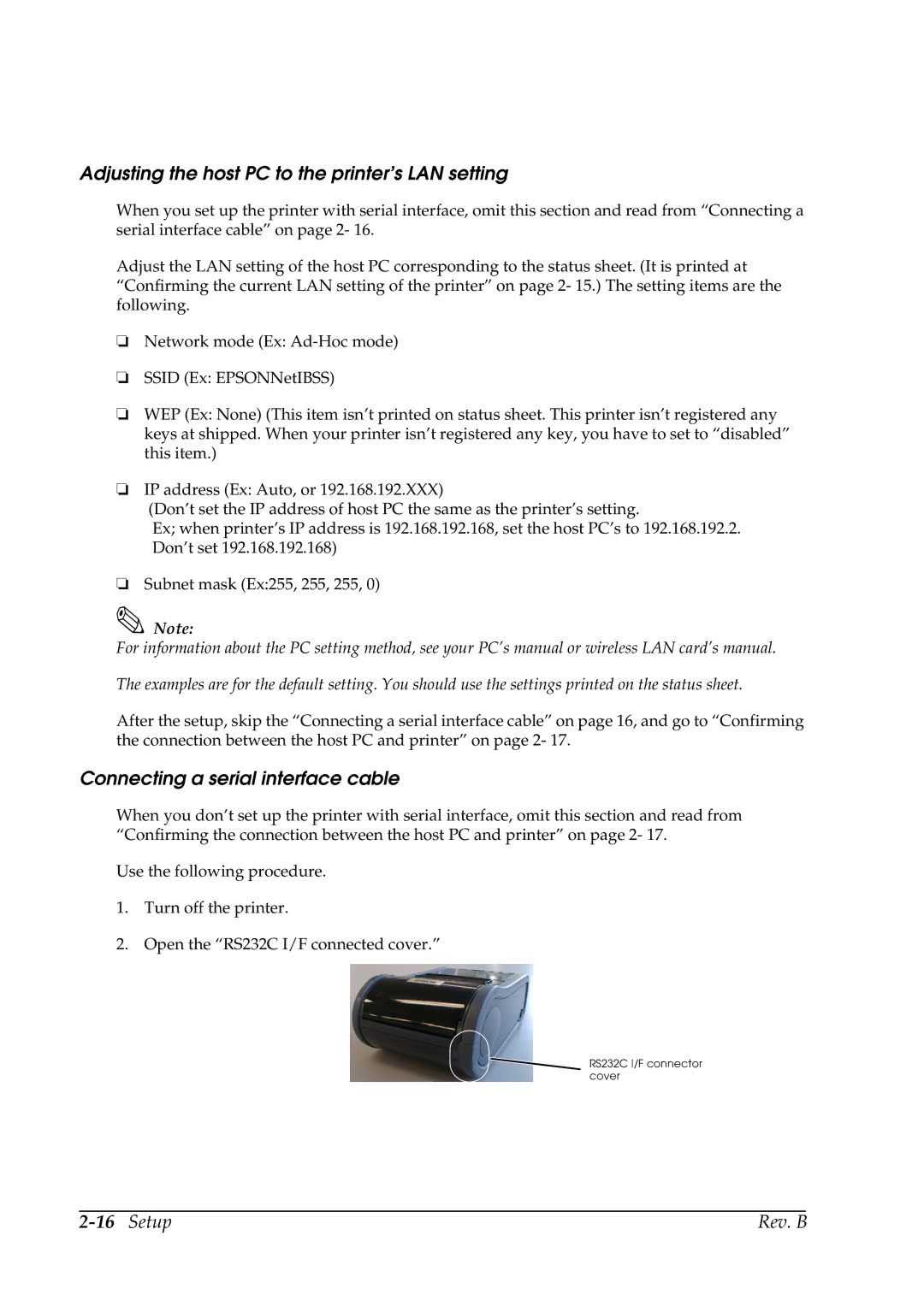 Epson TM-P60 manual Adjusting the host PC to the printer’s LAN setting, Connecting a serial interface cable 