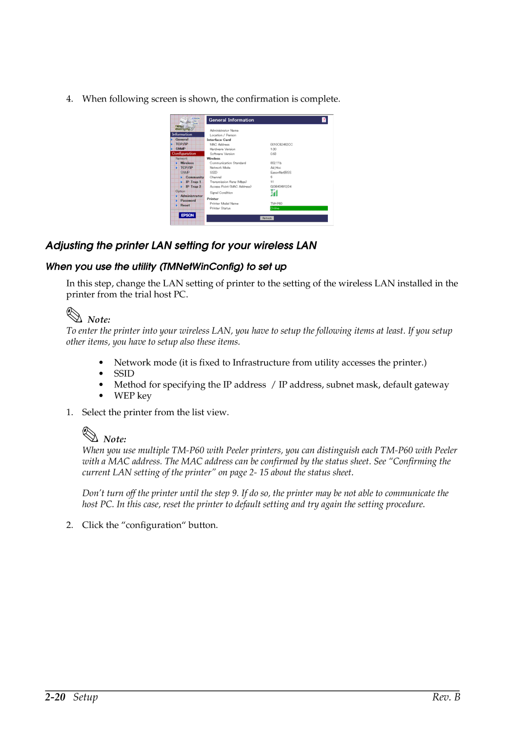 Epson TM-P60 Adjusting the printer LAN setting for your wireless LAN, When you use the utility TMNetWinConfig to set up 