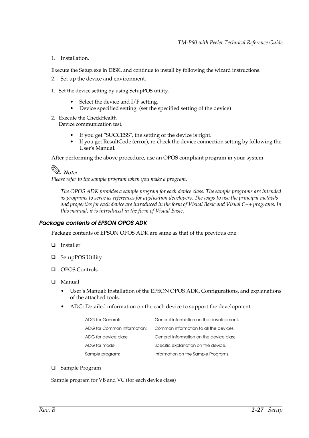 Epson TM-P60 manual Package contents of Epson Opos ADK 