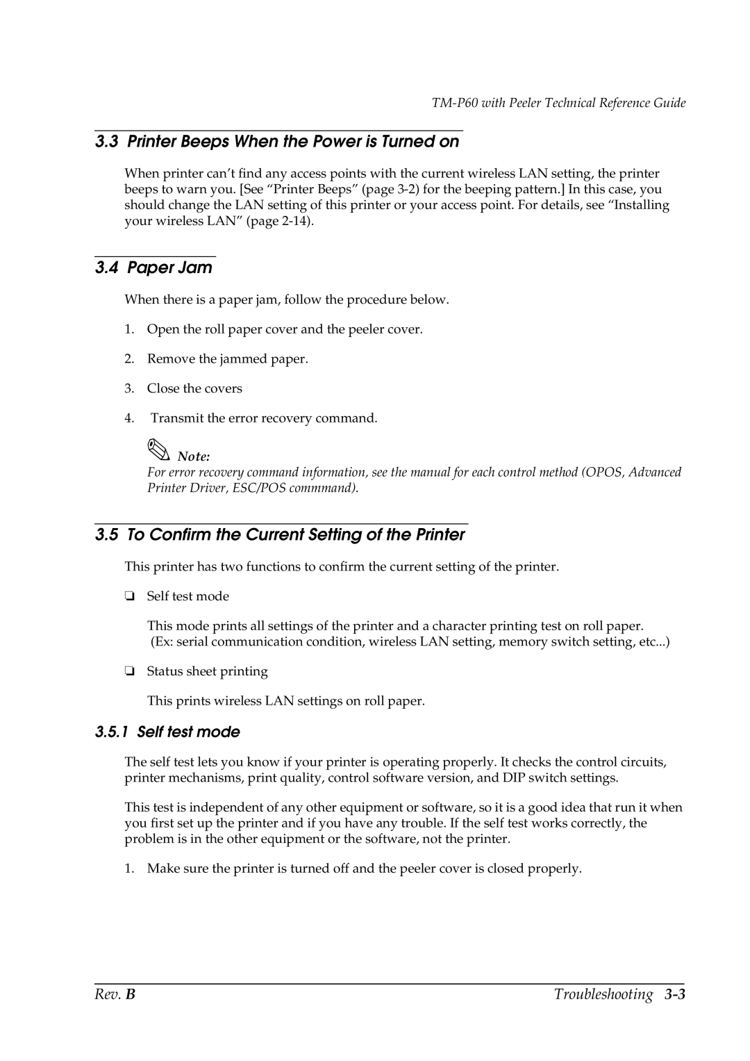 Epson TM-P60 manual Printer Beeps When the Power is Turned on, Paper Jam, To Confirm the Current Setting of the Printer 