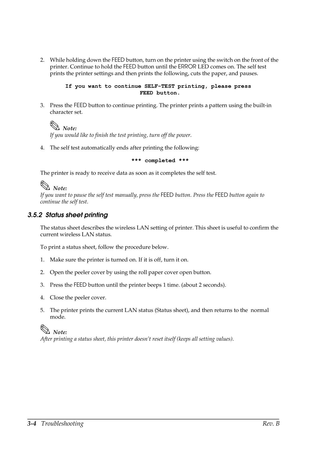 Epson TM-P60 manual Status sheet printing, Completed 