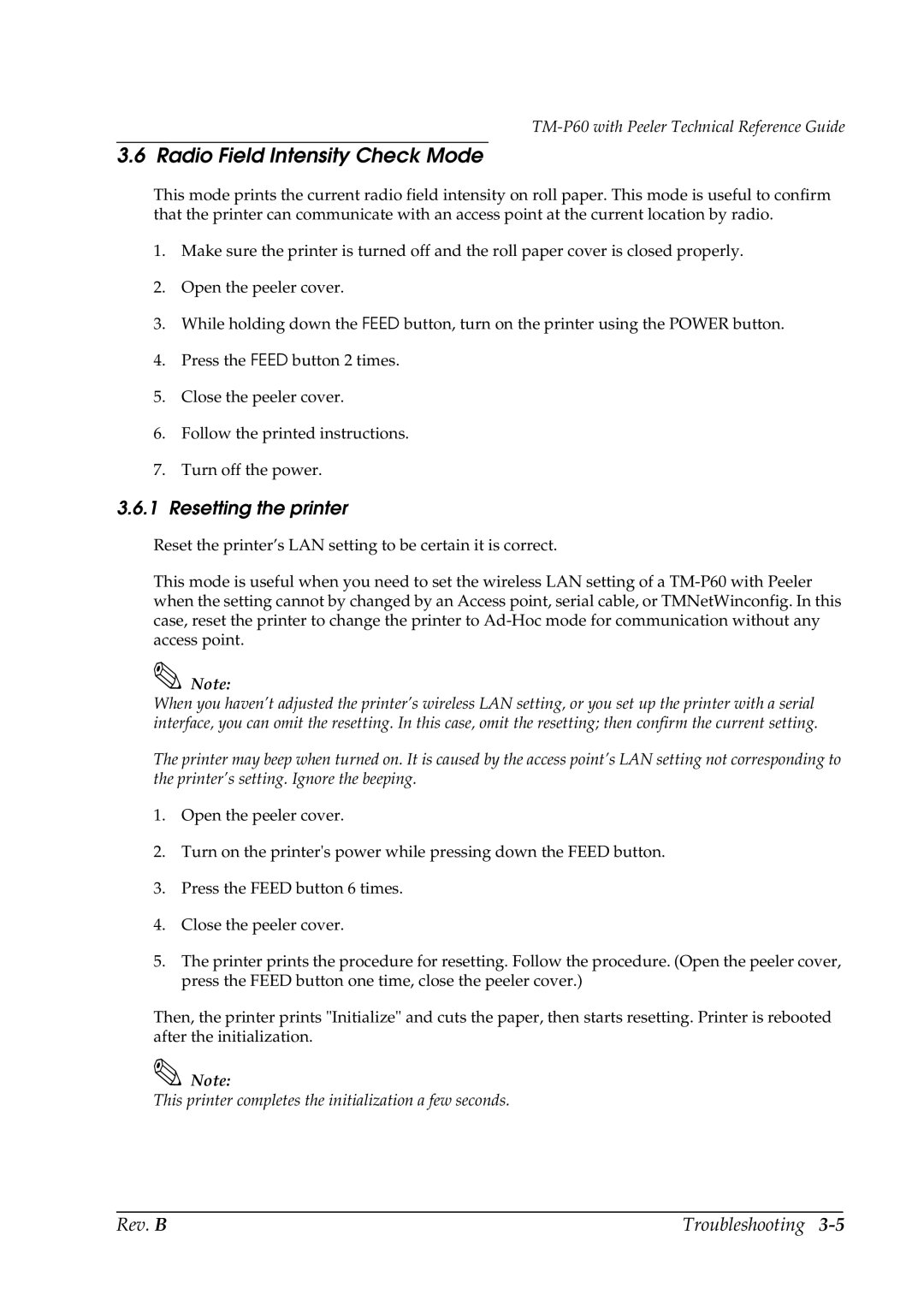 Epson TM-P60 manual Radio Field Intensity Check Mode, Resetting the printer 