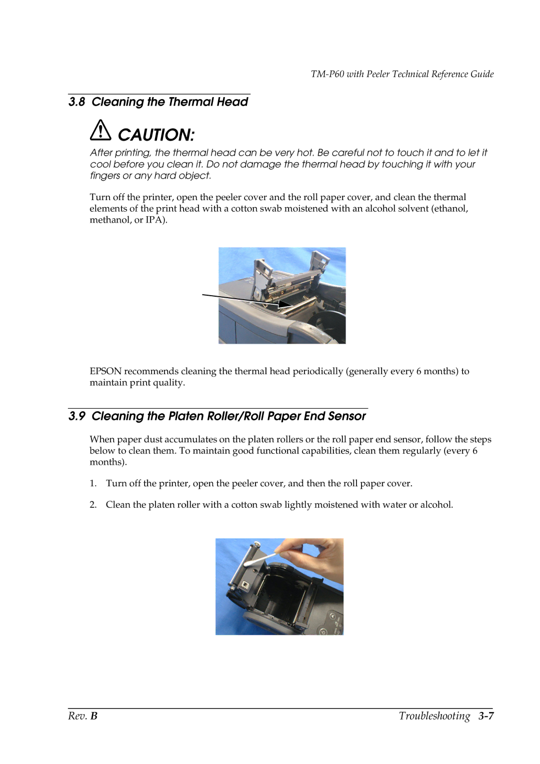 Epson TM-P60 manual Cleaning the Thermal Head, Cleaning the Platen Roller/Roll Paper End Sensor 