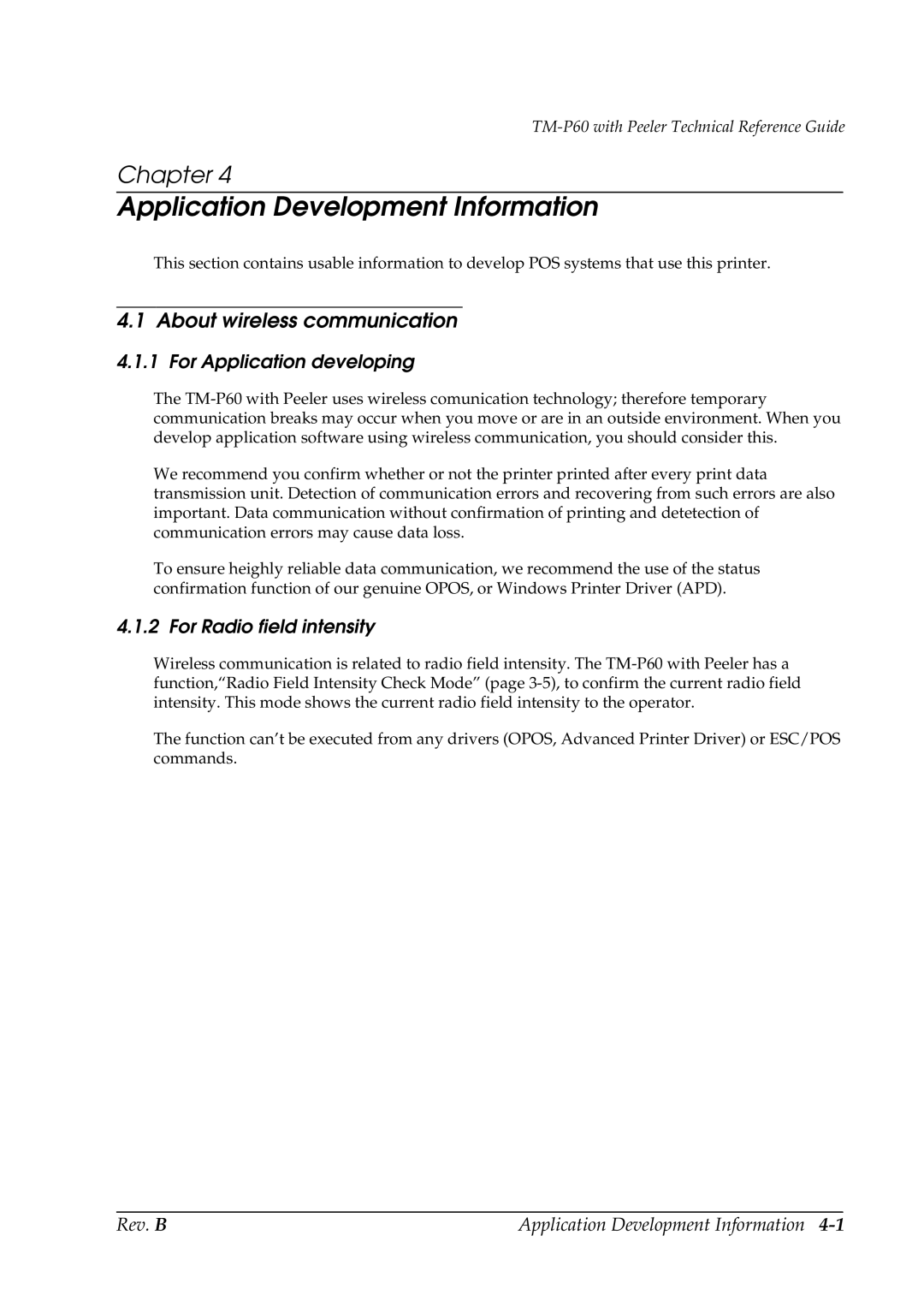 Epson TM-P60 manual About wireless communication, For Application developing, For Radio field intensity 