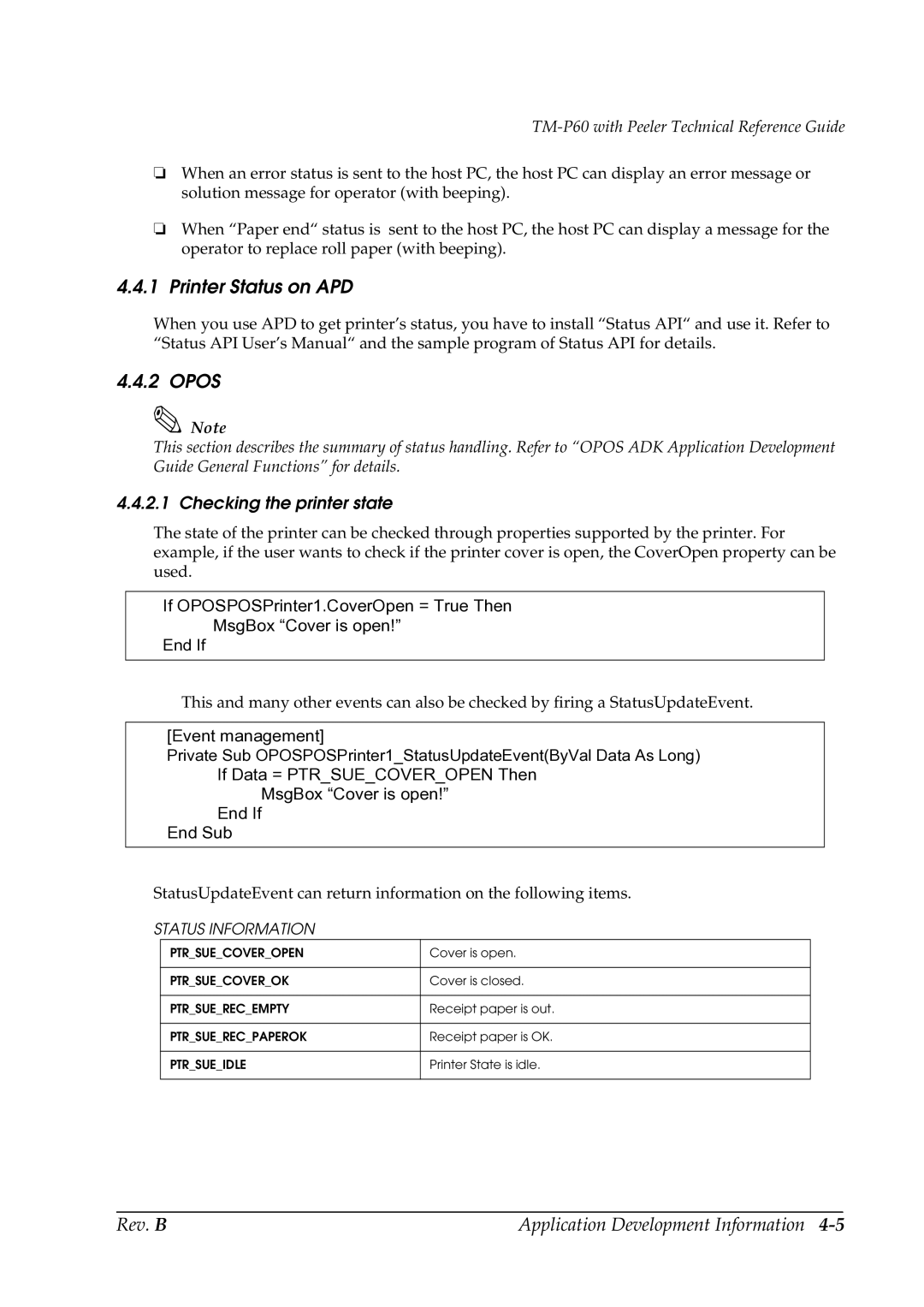 Epson TM-P60 manual Printer Status on APD, Checking the printer state 