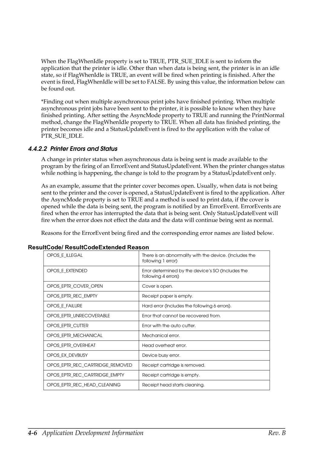 Epson TM-P60 manual Printer Errors and Status, ResultCode/ ResultCodeExtended Reason 