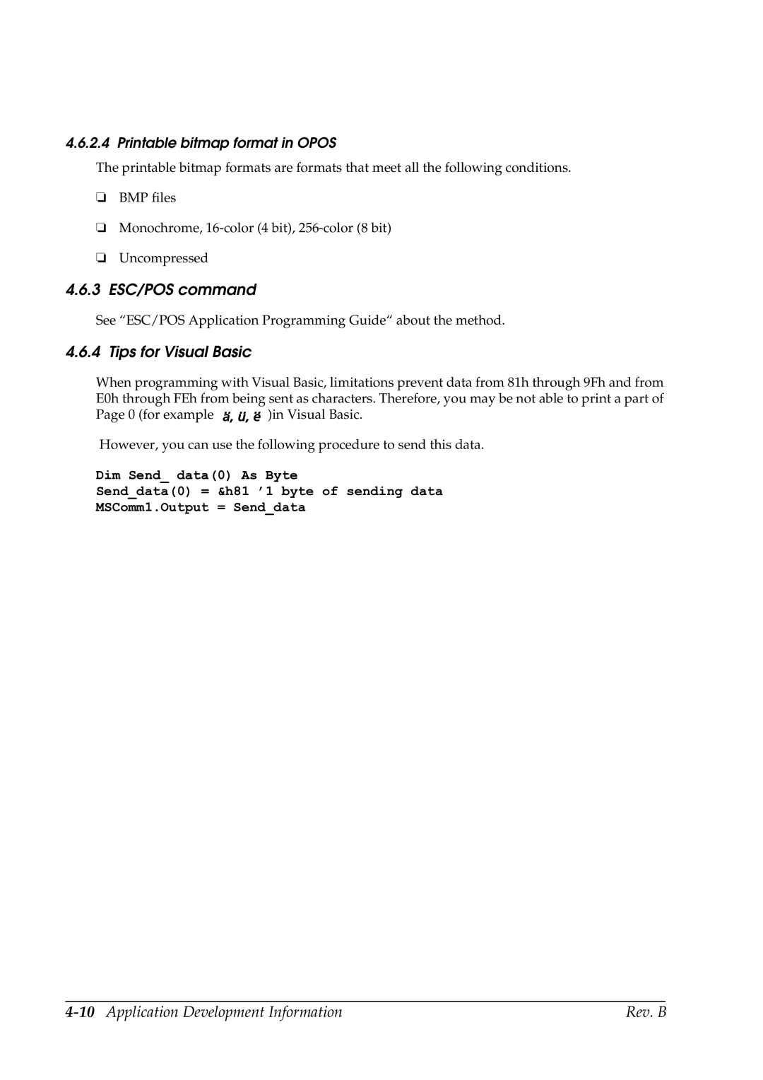 Epson TM-P60 manual Tips for Visual Basic, Printable bitmap format in Opos 