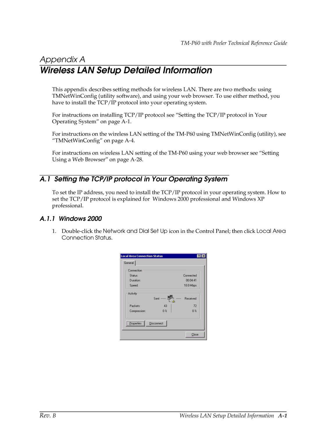 Epson TM-P60 Setting the TCP/IP protocol in Your Operating System, Windows, Wireless LAN Setup Detailed Information A-1 