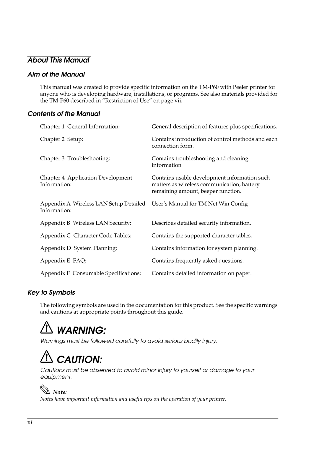 Epson TM-P60 manual About This Manual, Aim of the Manual, Contents of the Manual, Key to Symbols 