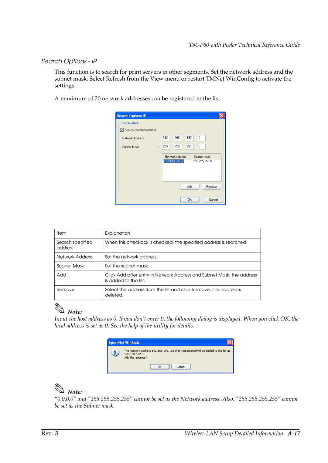 Epson TM-P60 manual Search Options IP, Wireless LAN Setup Detailed Information A-17 