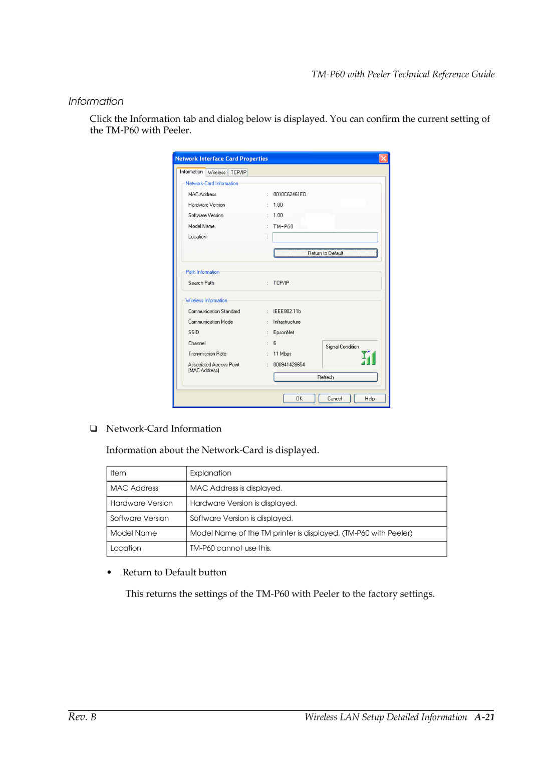 Epson TM-P60 manual Wireless LAN Setup Detailed Information A-21 