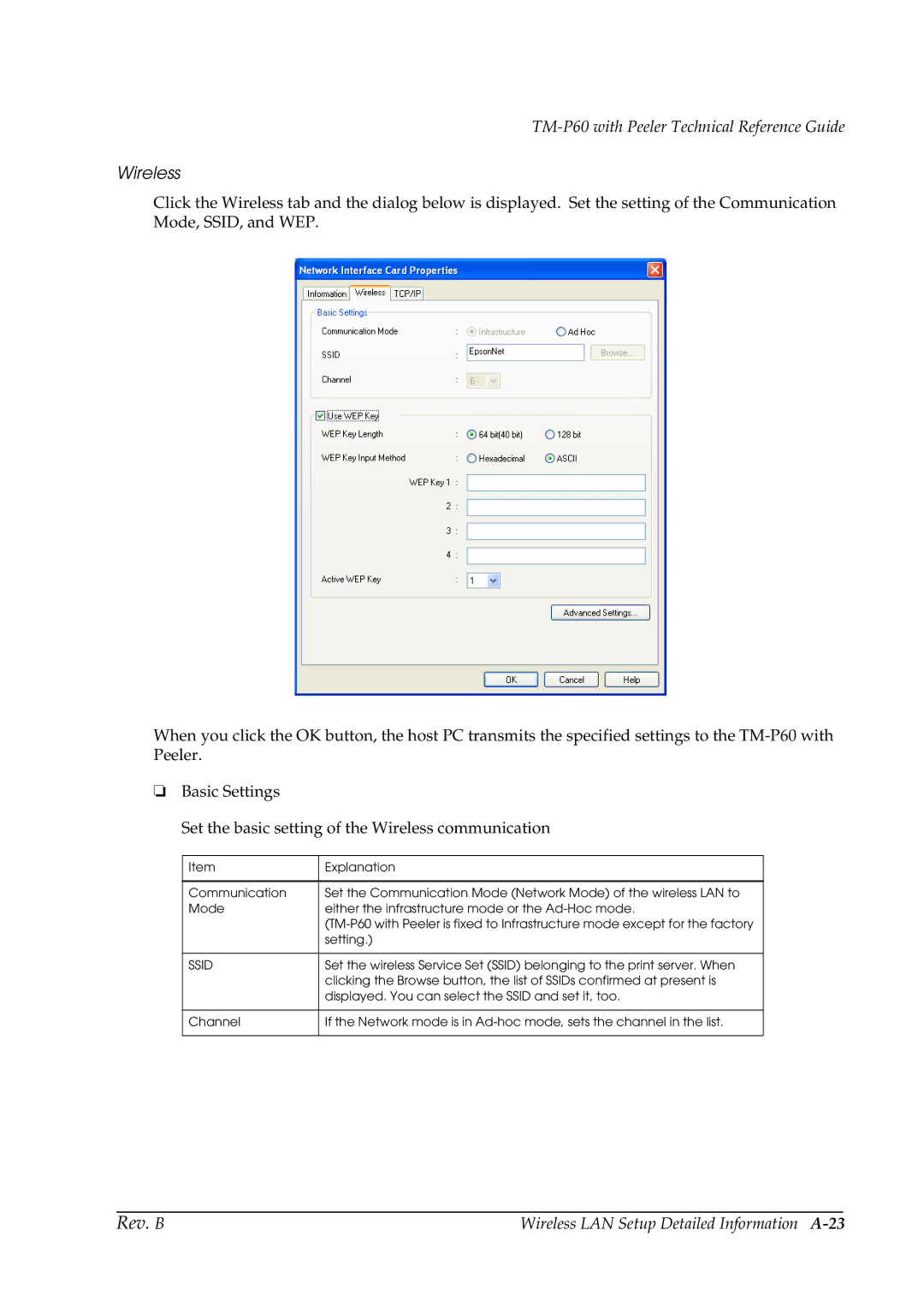 Epson TM-P60 manual Wireless LAN Setup Detailed Information A-23 