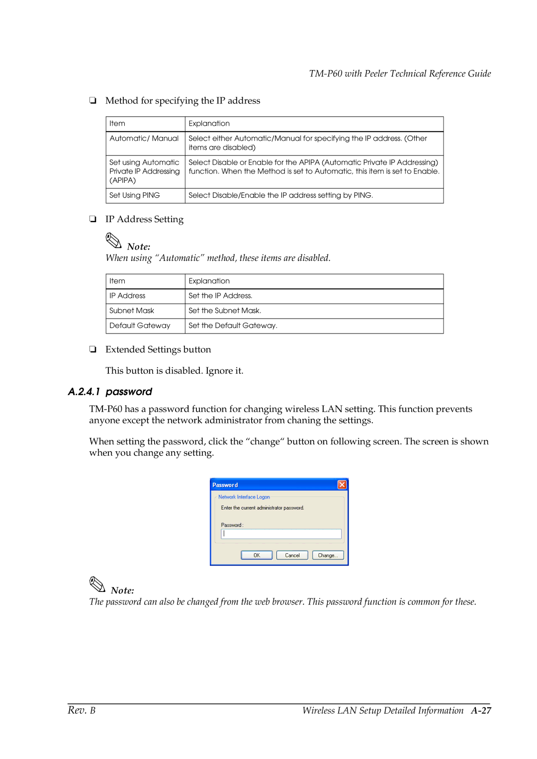 Epson TM-P60 Password, When using Automatic method, these items are disabled, Wireless LAN Setup Detailed Information A-27 