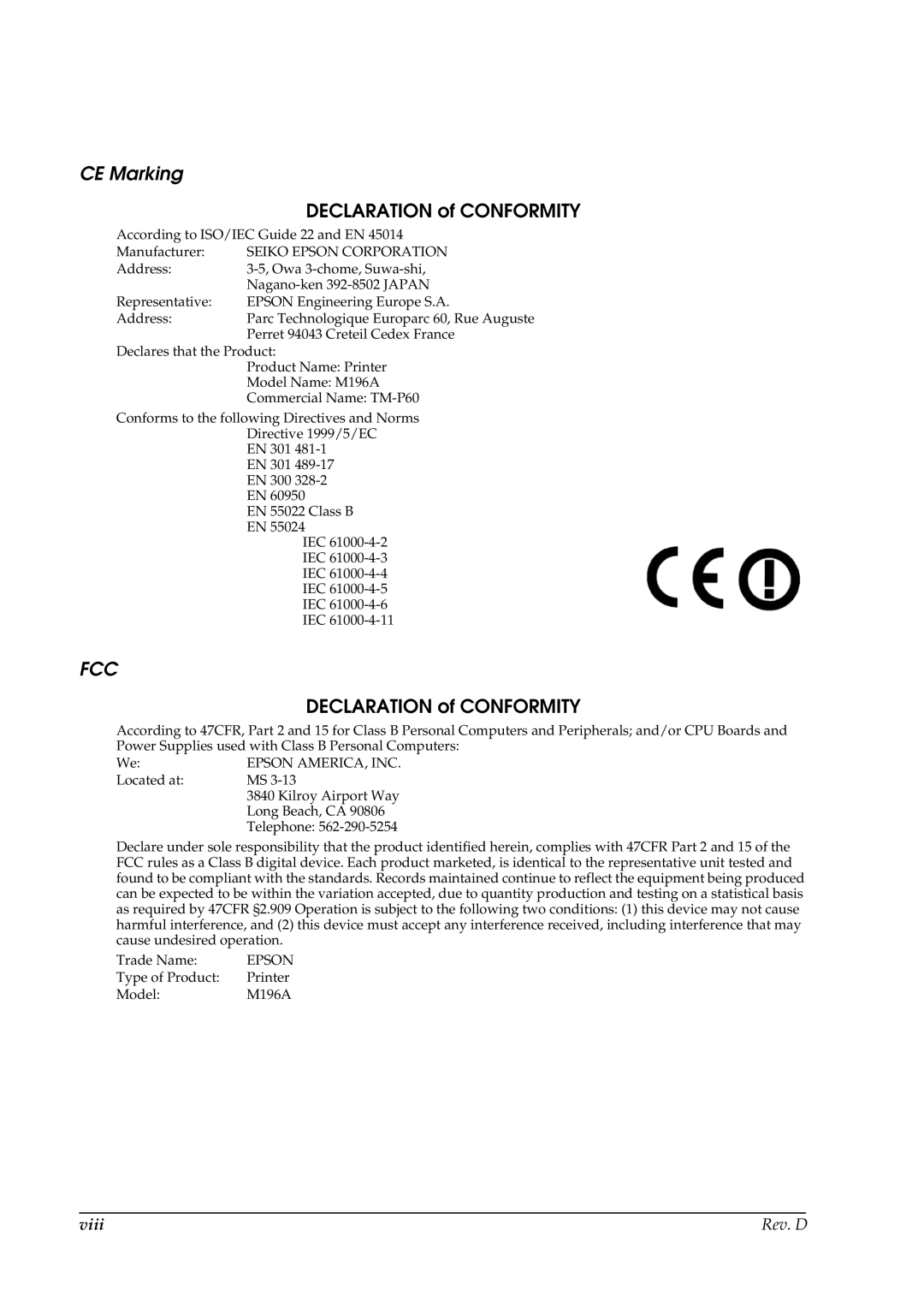 Epson TM-P60 manual CE Marking, Declaration of Conformity 