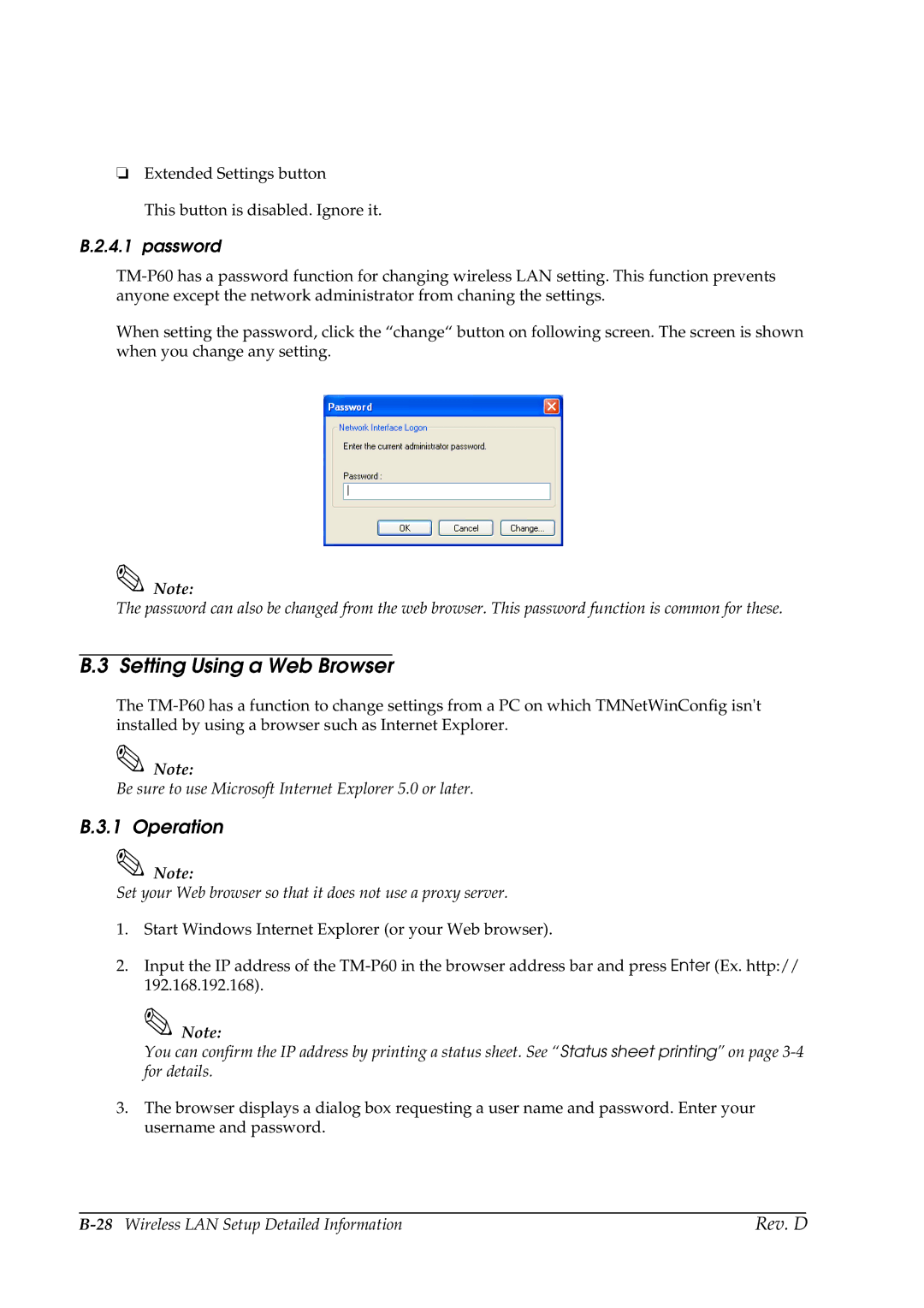 Epson TM-P60 Setting Using a Web Browser, Operation, Password, Be sure to use Microsoft Internet Explorer 5.0 or later 