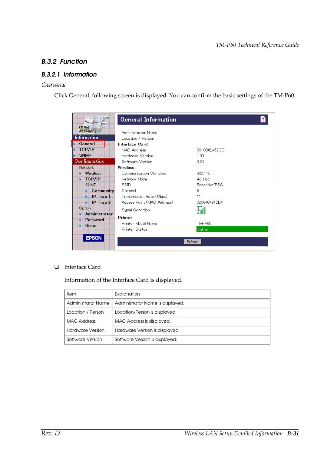 Epson TM-P60 manual Function, Information General, Wireless LAN Setup Detailed Information B-31 