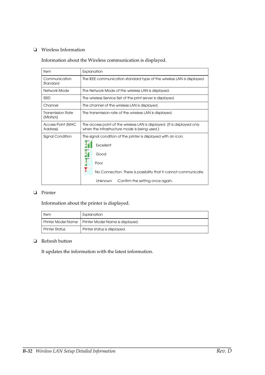 Epson TM-P60 manual 32Wireless LAN Setup Detailed Information 