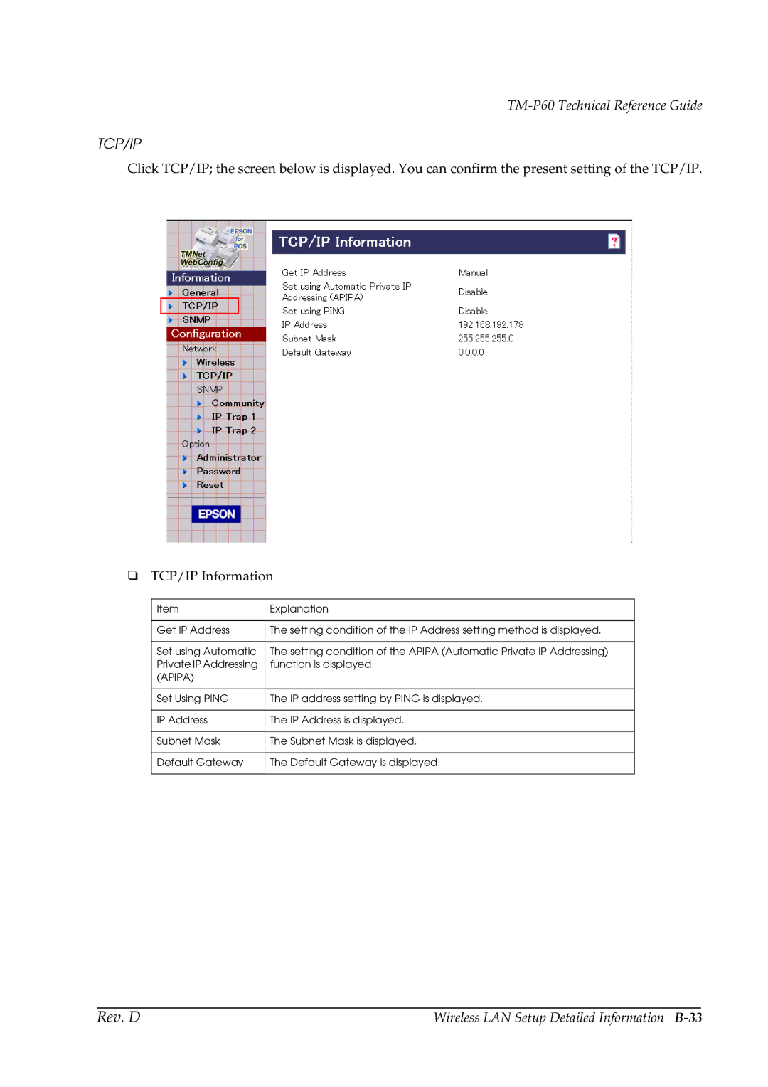 Epson TM-P60 manual Wireless LAN Setup Detailed Information B-33 